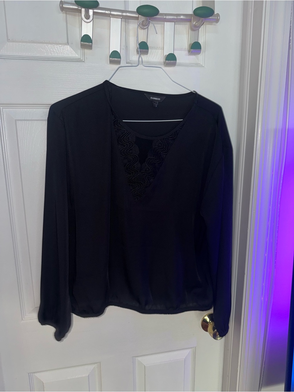 Express Black Long-Sleeve V-Neck Blouse with Textured Panel